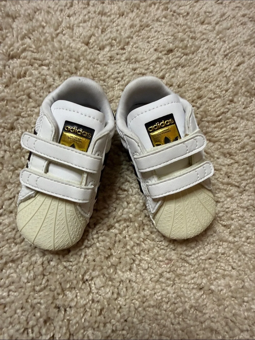 adidas White & Cream Baby Superstar Velcro Sneakers with Gold Logo